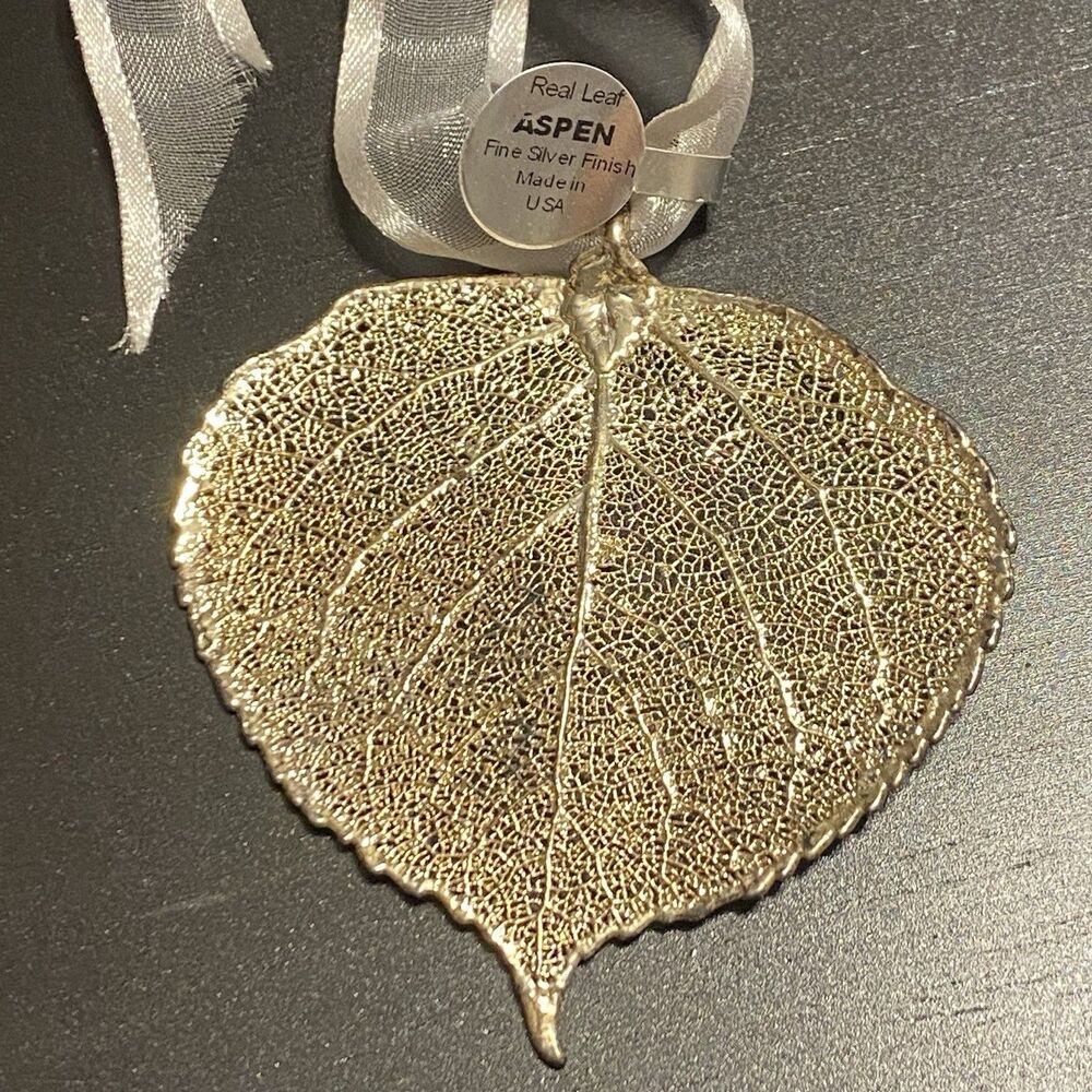 Aspen Real Leaf Fine Silver Finish Ornament Made in USA Botanical Christmas